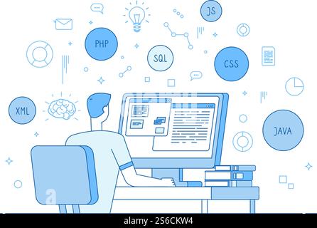 Programmierer Coding Website. Der Coder-Webdesigner arbeitet mit javascript, der Programmiersprache php-Code. Vektorkonzept für die Softwareentwicklung. Software-Coder Typ Java-App, Programmierer bei Computerillustration. Programmierer Coding Website. Der Coder-Webdesigner arbeitet mit javascript, der Programmiersprache php-Code. Vektorkonzept für die Softwareentwicklung Stock Vektor