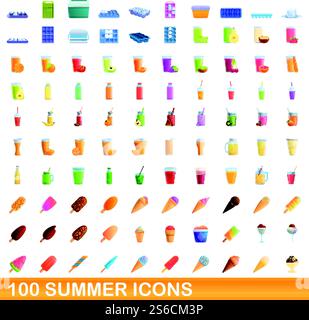 100 Symbole für den Sommer. Zeichentrickillustration von 100 Sommer-Ikonen Vektor-Set isoliert auf weißem Hintergrund. 100 Sommer-Ikonen, Zeichentrickstil Stock Vektor