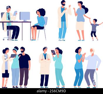 Ärzte und Patienten. Medizinisches Krankenhauspersonal, Diagnose Behandlungspatient. Klinikärztin Krankenschwester mit Kranken. Vektorzeichen medizinischer Patient und Doktor, Healthcare Illustration. Ärzte und Patienten. Medizinisches Krankenhauspersonal, Diagnose Behandlungspatient. Klinikärztin Krankenschwester mit Kranken. Vektorzeichen Stock Vektor