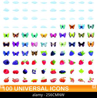 100 universelle Symbole. Zeichentrickillustration von 100 universellen Symbolen Vektor-Satz isoliert auf weißem Hintergrund. 100 universelle Symbole im Cartoon-Stil Stock Vektor