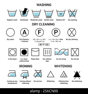 Wäsche isolierte Symbole, Waschen und chemische Reinigung, Trocknen und Bügeln und Aufhellen Vektor. Handwäsche und Temperatur, chemische Mittel und Trockner, kein Auswringen. Symbole für Dampfwäsche und Aufhellung im Waschsalon. Isolierte Symbole für Waschen und chemische Reinigung, Trocknen und Bügeln oder Aufhellen Stock Vektor