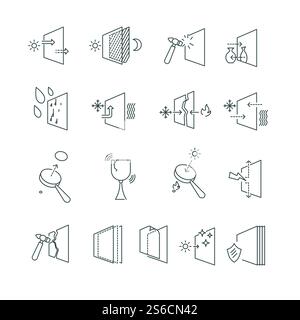 Glaseigenschaften isolierte Kontursymbole, Materialmerkmale lineare Symbole Vektor. Wärmereflexion und uv-Schutz, Blendung und Transparenz, zerbrechliches Zeichen. Festigkeit und Entflammbarkeit, reflektierende Oberfläche. Merkmale und Eigenschaften des Glasmaterials isolierte Umrisssymbole Stock Vektor
