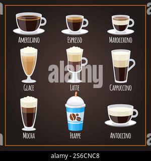 Kaffeesorten flache Vektorsammlung Americano und Latte. Illustration von Espresso und Latte, Americano und Mocha. Kaffeesorten flache Vektorsammlung Americano und Latte Stock Vektor