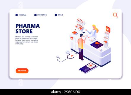 Pharmazie-isometrisches Konzept. Arzt Apotheker und Patient in Drogeriemarkt. Landing-Page für Medikamente und Gesundheitsvektoren. Illustration des medizinischen Apothekers in Drogeriemarkt, Gesundheitspatient. Pharmazie-isometrisches Konzept. Arzt Apotheker und Patient in Drogeriemarkt. Landing-Page für Medikamente und Gesundheitsvektoren Stock Vektor