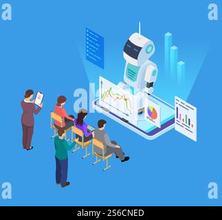 Business Training mit künstlicher Intelligenz. Isometrischer Vektorroboter Tutor, Business Education Konzept. Illustration zur Präsentation von Roboter-KI für Geschäftskunden. Business Training mit künstlicher Intelligenz. Isometrischer Vektorroboter Tutor, Business Education Konzept Stock Vektor