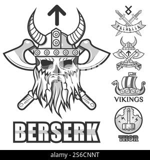 Wikinger, skandinavisches altes Kriegsschiff, Rüstungsschilde und gehörnter Helm isolierte Ikonen Vektor. Waffen und Rüstungen, kriegerische Ausrüstung, Schädel und Axt. Schild, Nordsoldaten, Geschichte und Kultur. Skandinavische Krieger, isolierte wikinger-Ikonen, gehörnter Helm und Waffen Stock Vektor