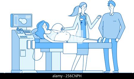 Schwangerschaftsscans. Die Sonographie der Schwangeren. Ehemann Doktor, der Monitorsonogramm sucht. Schwangerschaftsdiagnostik Vektorbild. Schwangere Frau, Ultraschalluntersuchung und Untersuchungsillustration. Schwangerschaftsscans. Die Sonographie der Schwangeren. Ehemann Doktor, der Monitorsonogramm sucht. Schwangerschaftsdiagnostik Vektorbild Stock Vektor