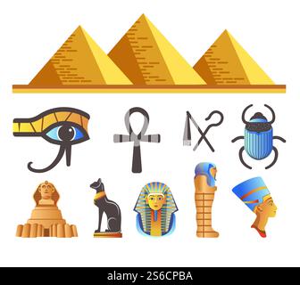 Pyramiden des antiken Ägypten, ägyptische Götter und Pharaonen isolierte Ikonen Vektor. Reisen, Horus Eye und Ankh, Scarab und Sphinx, schwarze Katze und Mumiensarg. Kleopatra Head, Architektur und Wahrzeichen. Ägyptische Pyramiden und Pharaonen, ägyptische Symbole und Wahrzeichen isolierte Ikonen Stock Vektor