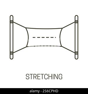 Werbebanner, Stretching oder leere Stofftücher hängen an Seilen isolierte Linie Icon Vektor. Leeres Baumwolltuch, Außenwerbung. Marketingtextilien, die eng an den Stangen anliegen. Stretching- oder Werbebanner isolierte Liniensymbole, an Seilen hängende Tücher Stock Vektor