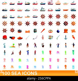 100 SEA-Symbole gesetzt. Zeichentrickillustration von 100 Meer-Ikonen Vektor-Set isoliert auf weißem Hintergrund. 100 Ikonen im Meer, Cartoon-Stil Stock Vektor