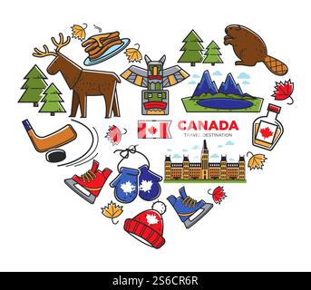 Kanadische Nationalsymbole, Reiseziel Kanada, Reise- und Tourismusvektor. Natur und Tiere, Hockey und Ahornsirup. Biber und Elche, Schlittschuhe und Strickwaren, Fäustlinge und See in den Bergen. Reiseziel Kanada, kanadische Nationalsymbole, Reisen und Tourismus Stock Vektor