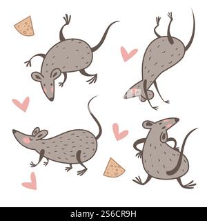 Chinesisches Neujahrssymbol, Ratte mit Käse läuft und tanzt, isolierte Zeichen Vektor. Symbolisches Tierkreistier, Nagetierart mit Schwanz, kleines Haustier. Auf der Jagd nach einem Snack oder mit Spaß, Herzen. Ratte und Käse, chinesisches Neujahrssymbol, Tiertanz Stock Vektor