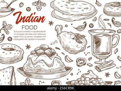 Indisches Essen, indische Küche Restaurant Menü Skizze Poster Vektor. Hühnercurry und Tee, Samosa und Donut, Bohnen und Gebäck, Zimt und Anis, Knoblauch. Handgezeichnete scharfe Gerichte und heiße Gewürze. Restaurant mit indischer Küche oder Poster für Speisen Stock Vektor