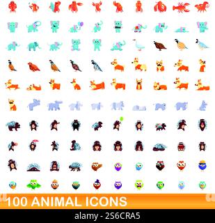 100 Tiersymbole gesetzt. Zeichentrickillustration von 100 Tiersymbolen Vektorsatz isoliert auf weißem Hintergrund. 100 Tiersymbole im Cartoon-Stil Stock Vektor