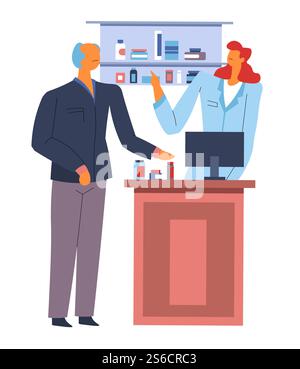 Apotheker am Tresen im Apothekenladen und ältere Männer oder Patienten Vektor. Drogeriemarkt innen, Regale mit Medikamentenpillen und -Kapseln, Vitaminen und Tabletten. Gesundheitsdienst, Seniorencharakter. Apotheke oder Drogeriemarkt, älterer Mann und Apotheker, Pillen kaufen Stock Vektor