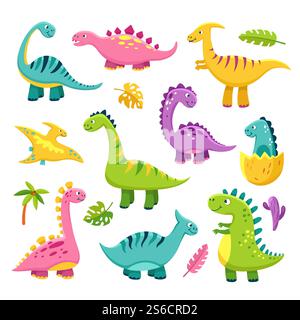 Cartoon-Dinosaurier. Cartoon niedlicher Baby Dino triceratops prähistorische Wildtiere Brontosaurus isolierte Dinosaurier Vektor lustige Charaktere. Brontosaurus-Dinosaurier, Dino-Tier isolierte Illustration. Cartoon-Dinosaurier. Cartoon niedlicher Baby Dino triceratops prähistorische Wildtiere Brontosaurus isolierte Dinosaurier Vektor lustige Charaktere Stock Vektor