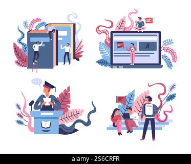 Online-Kurse, Bildung und Abschluss, isolierte Iconvektoren. Schüler mit Büchern lernen, mit Laptop lernen, Rede ablegen. Vorlesungen und Kurse, Bachelor- oder Master-Abschluss. Bildung und Abschluss isolierte Symbole, Online-Fernunterricht Stock Vektor