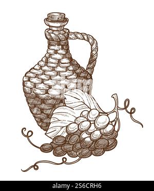 Weinherstellung, Traubenernte im Korbkrug, isolierter Skizzenvektor. Landwirtschaft, reife Beeren, Zutat zur Weinproduktion, Garten oder Obstgarten. Landwirtschaft und Weinbau, Weinanbau. Trauben und Korbkrug Wein, Weinindustrie, isolierte Skizze Stock Vektor