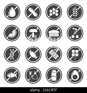 Verbotszeichen, Verbot und Einschränkung, Vektor für isolierte Symbole. Wasser und Nüsse, Honig, Weizen und Zitrone, Pilze, Brot und Kirsche, GVO und Süßigkeiten. Schokolade oder Blume, Fisch und Chemikalien, Milch oder Avocado. Verbot und Verbot, beschränkte Produkte, Lebensmittel isolierte Ikonen Stock Vektor
