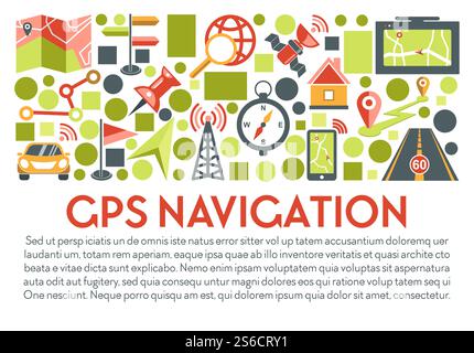 Karten, Standort und Navigation isolierte Symbole, Kartografie und Topographievektor. GPS, Smartphone-App oder Navigatoranwendung, Pinpoint. Online-Richtungssuche, Satellit und Turm, Auto und Straße. GPS-Navigationsbanner, Kartenposition und Navigationssystem Stock Vektor