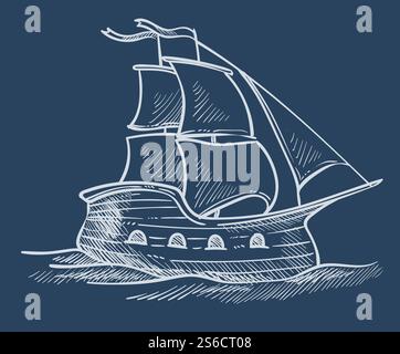Segelboot- oder Schiffsskizze, Seetransport, Reise und Reisevektor. Holzschiff mit Segelzeichnung, ozeanischem Transport, Marine- oder nautischem Symbol. Wasseroberfläche, handgezogenes Boot oder Kriegsschiff. Skizze von Schiffen oder Segelbooten, Seetransport, Segeln oder Reisen Stock Vektor