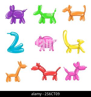 Tierballons, Kindergeburtstag isolierte Ikonen Vektor. Aufblasbares Spielzeug, Hund und Schwein, Schwan und Katze, Giraffe und Pferd. Kinderunterhaltung und Zirkusshow Trick, farbige Gummidekorationen. Ballons in Tierformen, Kindergeburtstag isolierte Ikonen Stock Vektor