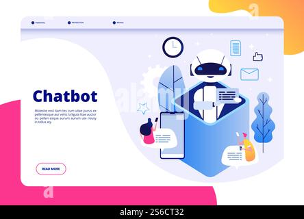 Chatbot-Konzept. Chatten Sie mit android-Frau Mann mit Mobiltelefon zu ai-Anwendungs-Bots helfen menschliche Zukunft Technologie Vektorseite. Abbildung: Hilfe für Ai-Roboter, mobiler Bot und Chatbot-Service. Chatbot-Konzept. Chatten Sie mit android-Frau Mann mit Mobiltelefon zu ai-Anwendungs-Bots helfen menschliche Zukunft Technologie Vektorseite Stock Vektor
