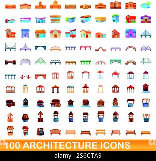 100 Architektursymbole festgelegt. Zeichentrickillustration von 100 Architektur-Icons Vektor auf weißem Hintergrund isoliert gesetzt. 100 Architektursymbole im Zeichentrickstil Stock Vektor