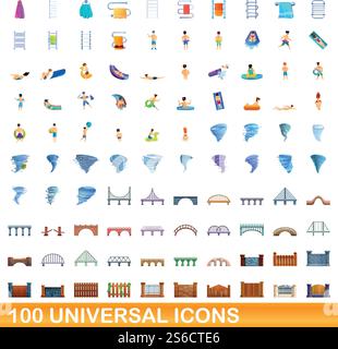 100 universelle Symbole. Zeichentrickillustration von 100 universellen Symbolen Vektor-Satz isoliert auf weißem Hintergrund. 100 universelle Symbole im Cartoon-Stil Stock Vektor