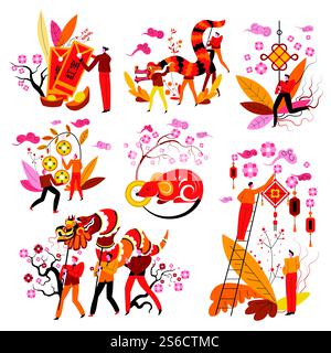 Feng Shui Maskottchen und Tierkreiszeichen, chinesische Neujahrssymbole, isolierte Iconvektor. Rote Umschläge und Schatzbecher, Feuerdrache, endloser Knoten und Glücksmünzen. Ratte und Laternen, Feiertage. Chinesische Neujahrssymbole, Feng Shui Maskottchen und Tierkreiszeichen Stock Vektor