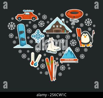 Saisonale Sport- und Aktivferien, Sportartikel oder Ausrüstungsvektor. Extreme Resort in den Bergen, Snowboarden und Skifahren, Schlitten und Eiskunstlauf. Niedrige Temperatur, Landhaus unter Schnee. Wintersport, Extremresort, Snowboard und Ski, Sportartikel Stock Vektor