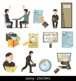 Bewerbungsgespräch mit HR-Manager. Online-Suche nach Beschäftigungsmöglichkeiten. Person in Business-Anzug, die sich zu einem geplanten Meeting beeilt. Portfolio, Lebenslauf und Karriere Vektorillustrationen Set. Symbole für die Person, die sich um eine offene Stelle und ein Vorstellungsgespräch bewerben Stock Vektor