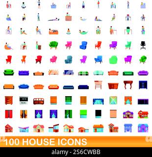 100 Haus-Symbole gesetzt. Cartoon-Illustration von 100 Haus-Icons Vektor-Set isoliert auf weißem Hintergrund. 100 Haus-Ikonen im Cartoon-Stil Stock Vektor