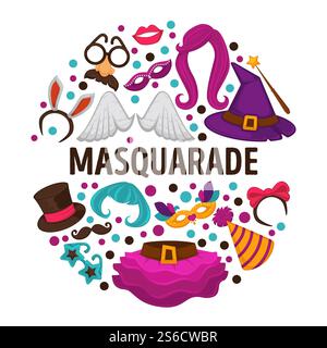 Masken und Kostüme, Karneval, Maskerade oder Halloween Party Vektor. Hasenohren und Engelsflügel, Gesicht Nase und Schnurrbart, Perücken und Hexenhut. Zauberstab und Zylinder, Brille und Rock, Geburtstags-Hut. Maskenkostüme, Karneval- oder Halloween-Accessoires, Masken und Anzüge Stock Vektor
