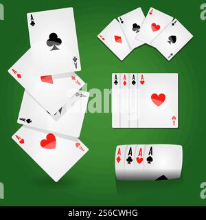 Casino oder Poker Club, Spielkarten Asse Set, Glücksspiele auf Green Field Vektor. Blackjack und Geldeinsätze oder Wetten und Gewinne, Papierspielgeräte. Schläger und Herzen, Pik und Diamantanzanzüge. Spielen Sie Karten auf Green Field, Asse Sets, Casino oder Poker Club Stock Vektor