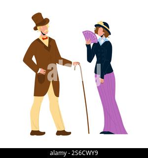 1900 Victorian People Lady Und Gentleman Vector. Viktorianisches Paar Mann Mit Stock Und Frau Mit Fan In Retro-Kleidung. Charaktere Elegante Vintage Kleidung Flache Zeichentrickfigur. 1900 Victorian People Lady Und Gentleman Vector Stock Vektor