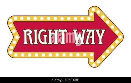 Nacht- oder Zirkusshow oder Zirkuszeiger, rechts zeigend, isolierte Ikonen Vektor. Pfeil mit Lampenrahmen, einladendes Banner für Konzerte. Wegweiser mit Ampeln, Wegweisern oder Wegweisern. Symbol für den rechten Zeiger isoliert, Lampenrahmen Stock Vektor