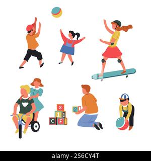Kinder, die mit Spielzeug spielen, Kleinkinder und Teenager, Vorschulkinder, isolierte Charaktervektoren. Ball und Skateboard, abc-Würfel und Fahrrad. Volleyball und Fahrradfahren, Aktivurlaub im Freien. Spielzeug und Kinder spielen Spiele, Fahrrad und Skateboard, Ball und Würfel Stock Vektor
