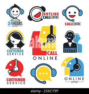 Kundenspezifischer Service und Online-Support, isolierte Vektorsymbole für Callcenter. Bediener in Headsets oder Kopfhörern mit Mikrofonen, Informationsleitung oder Chat. Hotline-Embleme oder -Logos, Antworten auf Fragen. Online-Support oder benutzerdefinierte Service isolierte Symbole, Call Center Stock Vektor