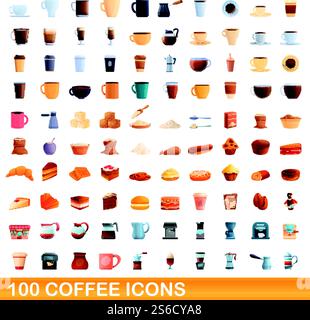 100 Kaffeesymbole eingestellt. Zeichentrickillustration von 100 Kaffee-Icons Vektorsatz isoliert auf weißem Hintergrund. 100 Kaffeesymbole im Zeichentrickstil Stock Vektor
