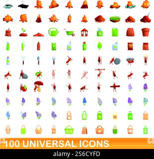 100 universelle Symbole. Zeichentrickillustration von 100 universellen Symbolen Vektor-Satz isoliert auf weißem Hintergrund. 100 universelle Symbole im Cartoon-Stil Stock Vektor