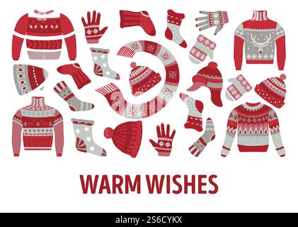 Winter gestrickte Kleidung und Stricken, Weihnachtsmuster, warme Wünsche Vektor. Pullover und Pullover aus Wolle, Schal und Hut, Fäustlinge und Handschuhe, Socken. Rentiere und Schneeflocken, handgefertigte Kleidung der Saison. Strickwaren, Winterstrickbekleidung und Accessoires, Pullover und Hüte Stock Vektor