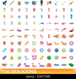 100 SEA-Symbole gesetzt. Zeichentrickillustration von 100 Meer-Ikonen Vektor-Set isoliert auf weißem Hintergrund. 100 Ikonen im Meer, Cartoon-Stil Stock Vektor