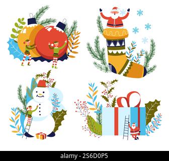 Weihnachtsmann und Elfen, Weihnachten und Neujahr, isolierte Ikonen Vektor. Weihnachtsbaumschmuck, Kugeln und Stricksocken, Schneemann und Geschenkbox. Bälle und Strumpf, kleine Helfer und Weihnachtsgeschenk. Weihnachten und Neujahr, Weihnachtsmann und Elfen, isolierte Ikonen Stock Vektor