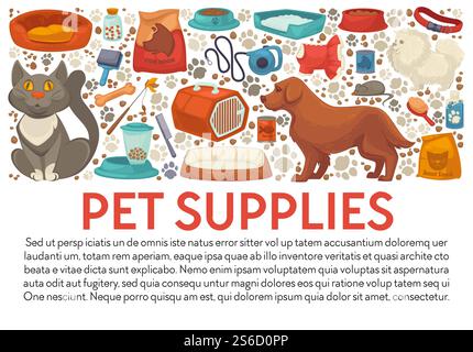 PET Shop Zubehör Bannervorlage mit Text. Katzen- und Hundefutterschalen, Haustierpflegezubehör, Pflegeprodukte, Spielzeugset. Haustierbetten, Katzenklo, Welpenhalsband und Tierarzt-Medizin-Vektor. Bannerschablone für Haustierzubehör mit Zubehör für Hunde- und Katzenpflege Stock Vektor