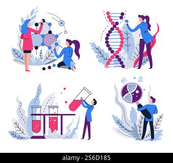 Genetik, DNA-Struktur und -Biologie, Wissenschaftler und wissenschaftliche Geräte isolierte Iconvektor. Kolben und Molekül, chemische Reagenzien. Mutation und Gentechnik, chemisches Labor. DNA- und Molekülstruktur, genetische Wissenschaften isolierte Ikonen Stock Vektor