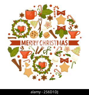 Tassen Kakao mit Marshmallow, Kaffee und Milch, Ingwerkeksen und Teevektor. Weihnachtsdessert und -Getränk, Brownie und Süßigkeiten, Zimt und Anis. Weihnachtsgebäck, heiße Schokolade, Weihnachtsbaumzweige. Weihnachtskekse und Kakao mit Marshmallow, Brownies und Tee Stock Vektor