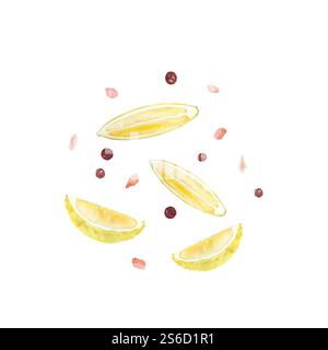 Zitronen-, Pfeffer- und Himalaya-Salz-Aquarellillustration isoliert auf weißem Hintergrund, handgezeichnet für Lebensmitteldesign. Gewürzbox, Restaurant und Café-Menü Stockfoto