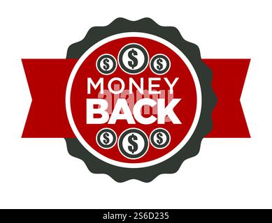 Geld-zurück-Garantie-Abzeichen, Rückzahlung oder Sonderangebot isolierter Icon-Vektor. Gutes Angebot, Zertifikat oder Stempel, Münzen mit Dollarzeichen, Emblem. Safe Shopping Garantie, prozentuales Rücksendesiegel oder Logo. Bargeld oder Geldrückgabe isoliertes Symbol, Sonderangebot Stock Vektor