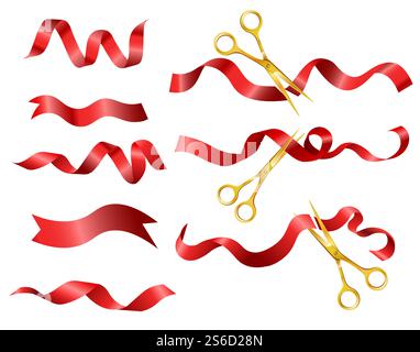 Goldene Schere zum Schneiden roter Bänder, verschiedene Winkel. Swirls Kollektion mit Seidenband zum Öffnen der Zeremonie. Offizielles Startup-Symbol, feierliche Feier. Realistische Vektorillustration auf weiß. Goldene Schere schneidet rote Bänder für die Eröffnungszeremonie-Kollektion Stock Vektor